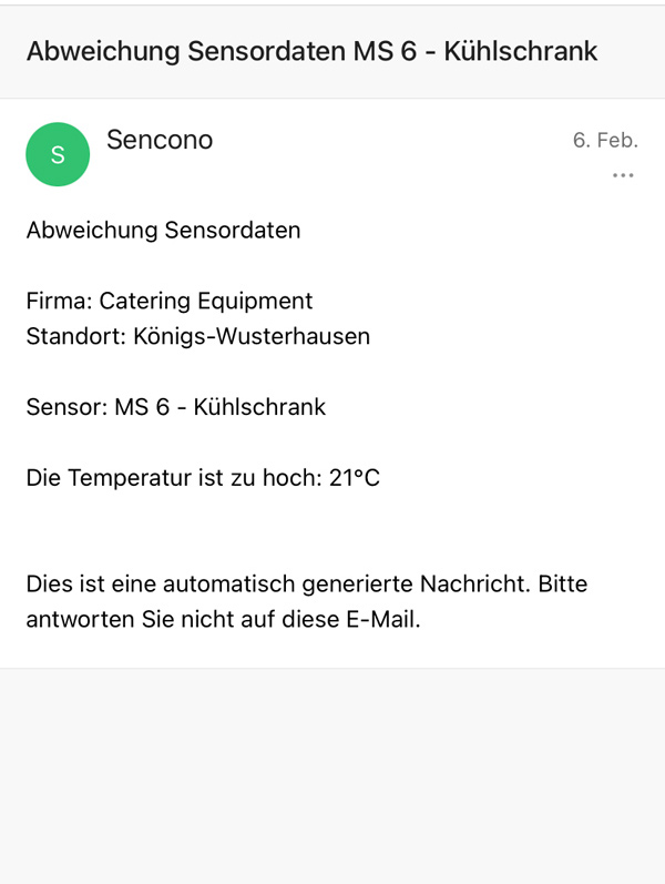 Warnmeldung vom sencono System bei zu hoher Kühlschrank Temperatur Beispiel einer Nachricht oder Warnmeldung wenn Temperatur zu hoch, von der sencono Temperaturaufzeichnung und Kühlraumtemperaturüberwachung