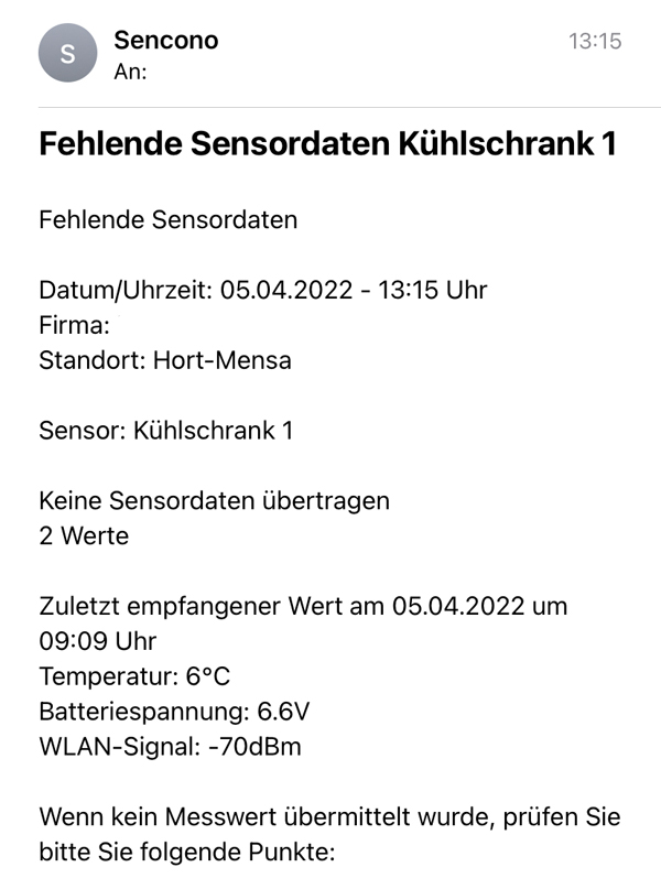 Warnmeldung vom sencono System bei fehlenden Daten sencono Temperatur Überwachuchungssystem Nachricht Warnmeldung wenn Temperatur Überwachungs Messdaten fehlen