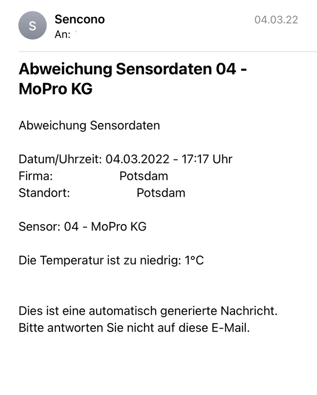 Warnmeldung vom sencono System bei zu niedriger Kühlschrank Temperatur sencono Temperatur Überwachuchungssystem Nachricht Warnmeldung Temperatur zu niedrig