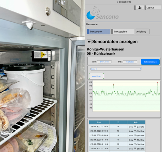 Sencono Messeinheit zur Temperatur Überwachung- und Aufzeichnung in einem Gewerbe Kühlschrank. Sencono Temperatur Messeinheit in einem Gewerbe Lebensmittel Kühlschrank zur HACCP Temperaturaufzeichnung und Kühlstellenüberwachung.