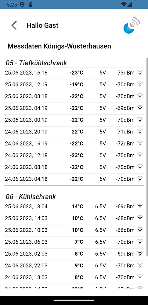 sencono Temperaturaufzeichnung Ansicht Temperaturwerte Standortübersicht sencono Temperatur Überwachuchungssystem Beispiel für die Anzeige der Temperaturdaten auf einem Smartphone. Hier die Detailansicht bei einm Standort.
Es werden die letzten 10 Werte angezeigt. Bei Abweichungen zum hinterlegten Schwellenwert erscheint der betreffende Wert in rot.