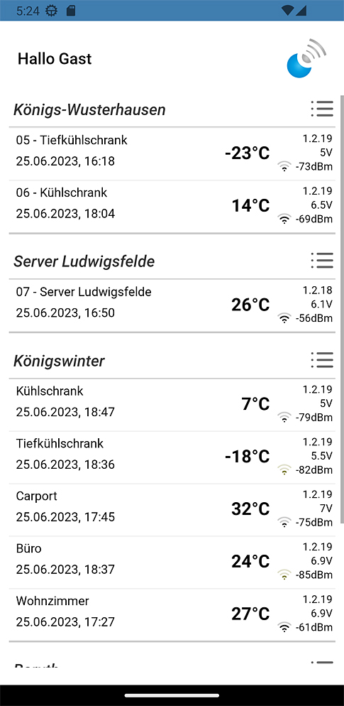 sencono Temperaturaufzeichnung Ansicht Temperaturwerte im Überblick sencono Temperatur Überwachuchungssystem, hier die eine Ansicht der Anzeige von Temperatur Messdaten in der Standortübersicht. Es können verschiedene Standorte in einer Übersicht dargestellt werden.