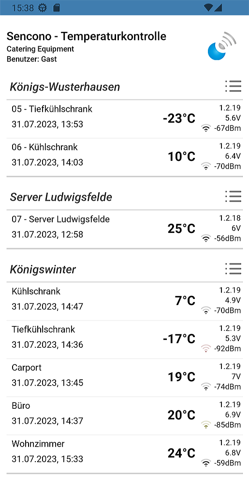 Standortübersicht von verschiedenen Kühlstellen an unterschiedlichen Standorten. Bei Bedarf alle aktuellen und aufgezeichneten Temperatur Überwachungsdaten zentral abrufbar. Alle Temperaturwerte auf einen Blick.
