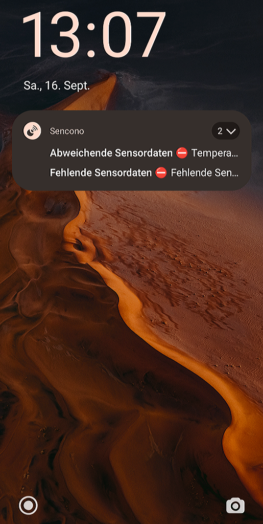 Ansicht Sencono App mit zwei Push Nachrichten auf dem Startbildschirm.